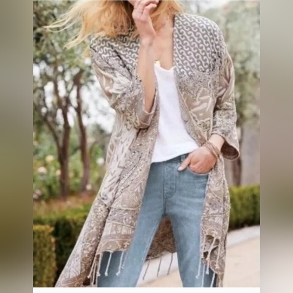 Soft Surroundings Tan and Cream Fringed Sequined Kimono Size L/XL - Picture 1 of 10